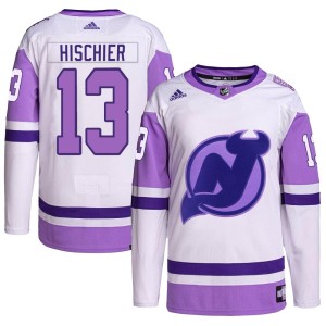 Men's New Jersey Devils Nico Hischier Adidas Authentic Hockey Fights Cancer Primegreen Jersey - White/Purple