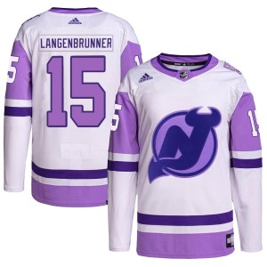 Men's New Jersey Devils Jamie Langenbrunner Adidas Authentic Hockey Fights Cancer Primegreen Jersey - White/Purple